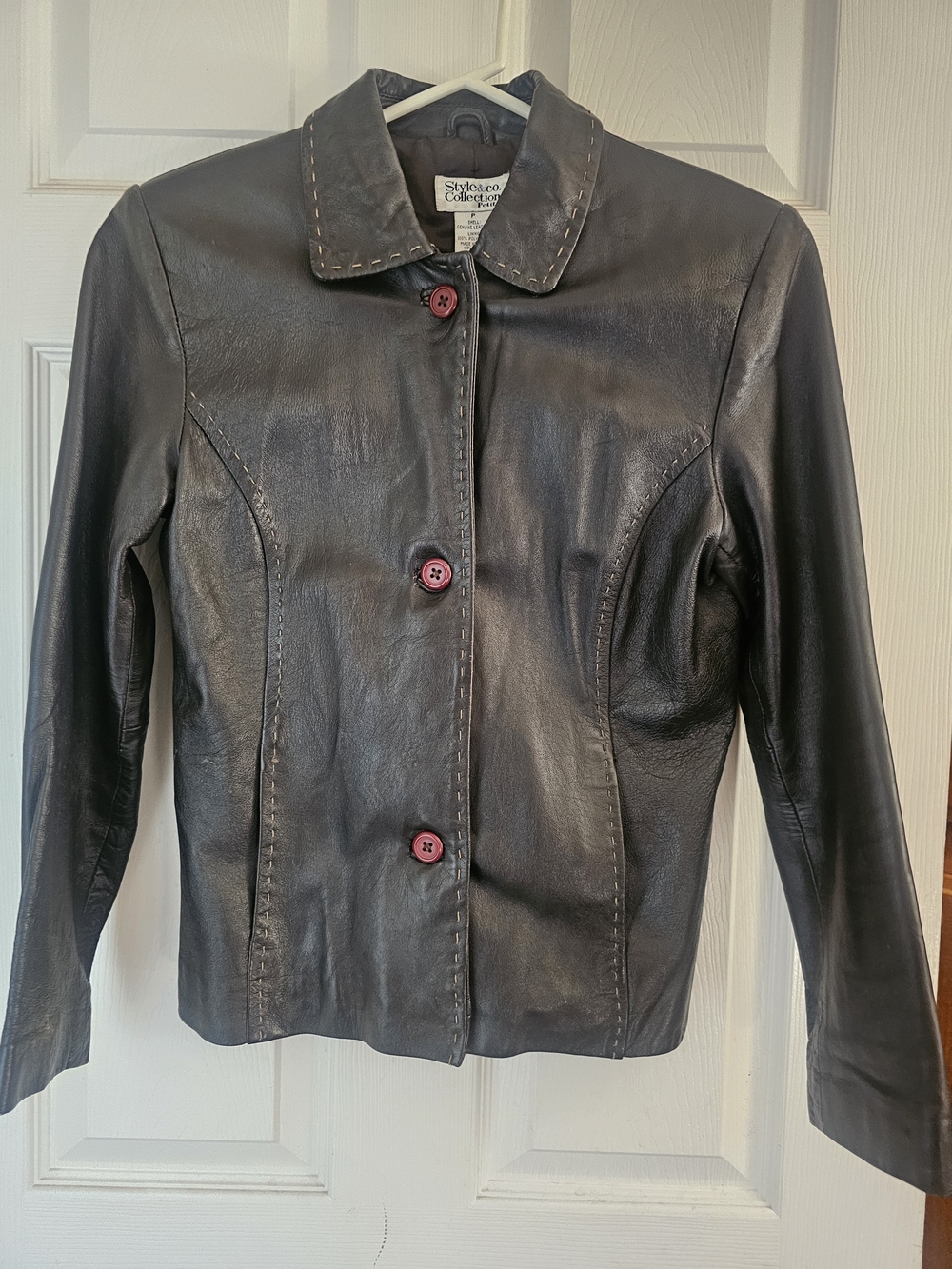 Style & Co. Black Leather Jacket with Contrast Red Buttons